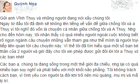 Quỳnh Nga l&ecirc;n tiếng bảo vệ chồng khỏi scandal 