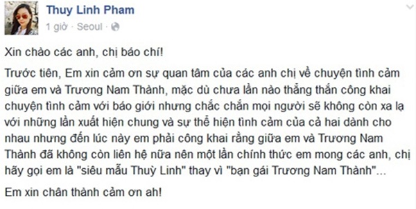 Thùy Linh thừa nhận chia tay Trương Nam Thành