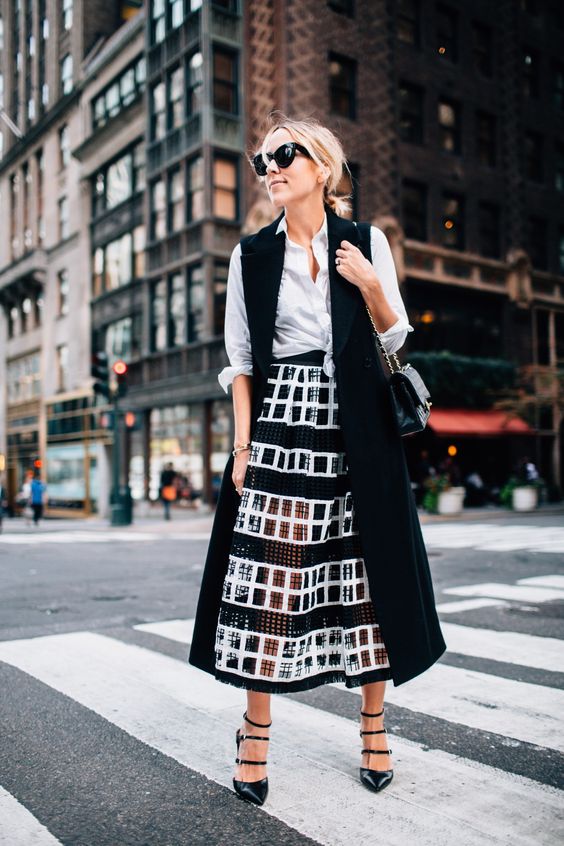 Long Vest + Pleated Midi Skirt