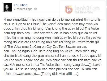 Thu Minh xác nhận không quay lại 