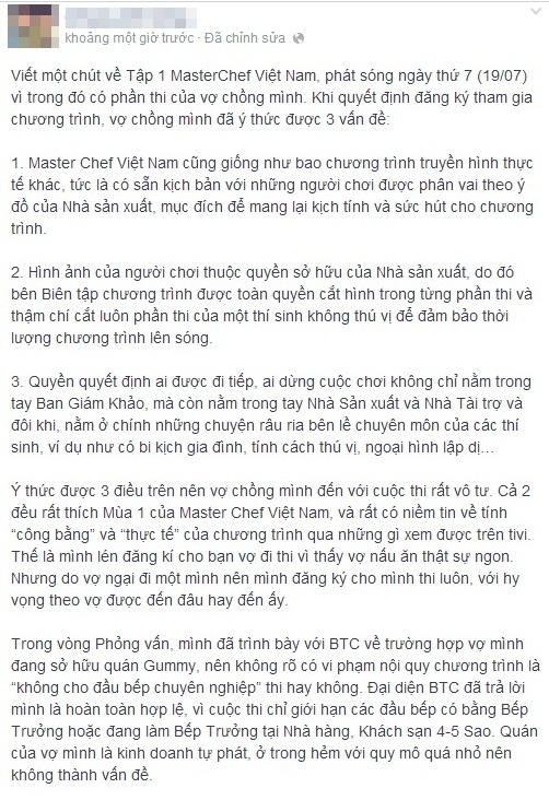 Thí sinh Vua đầu bếp bức xúc vì bị BTC 