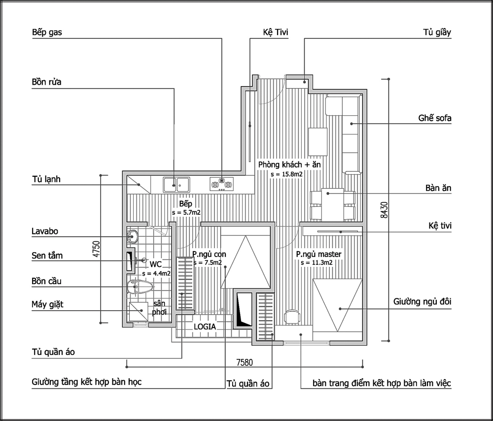 Tư vấn cải tạo để căn hộ 50m² có 2 phòng ngủ 2