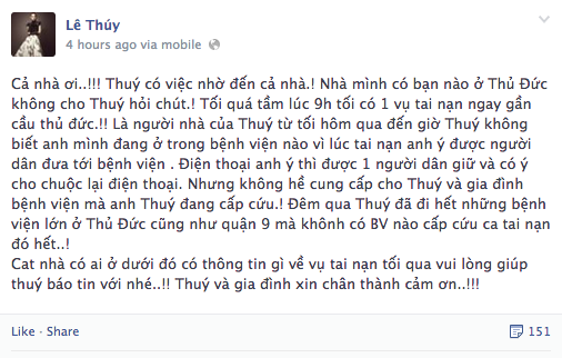 Chân dài Lê Thúy hoang mang vì anh trai bị tai nạn 1