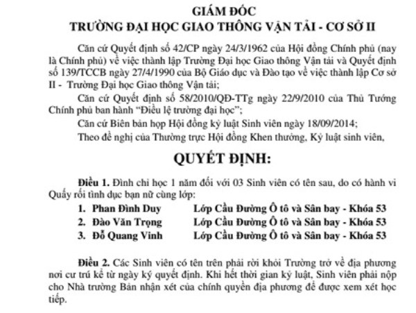 Ba sinh viên bị đình chỉ học vì quấy rối tình dục 1