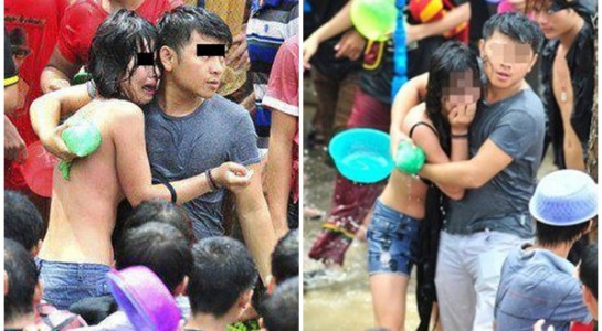 Cô gái khóc nức nở vì bị lột tung áo trong Lễ hội té nước