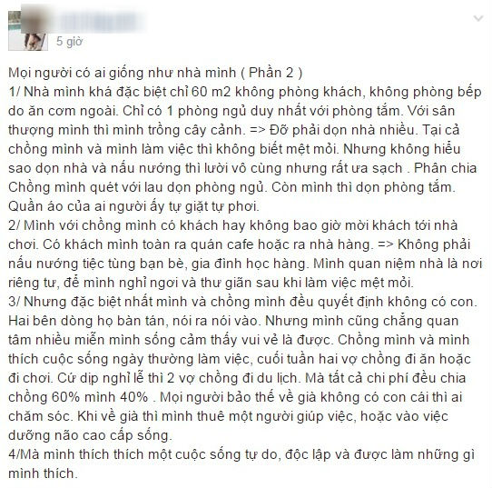 Cô vợ trẻ quyết không có con, quần áo ai người ấy giặt và tất cả chi phí đều chia “chồng 6 mình 4” gây tranh cãi