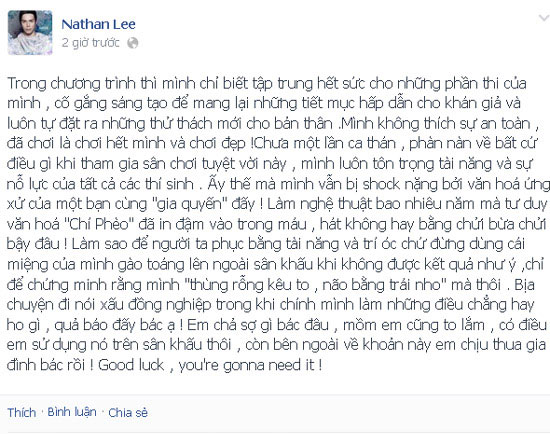 Nathan Lee tuyên bố không mỉa mai nhạc sĩ Quốc Trung là Chí Phèo 1