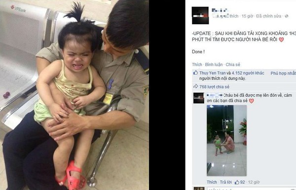 Bé gái 2 tuổi bị lạc tìm được gia đình qua facebook