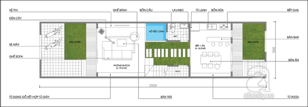 Tư vấn thiết kế và bố trí nội thất cho nhà ống có 2 khoảng vườn xanh 1