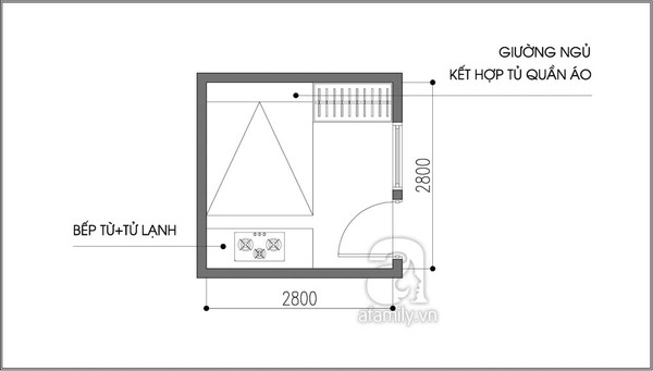 Tư vấn bố trí nội thất cho căn phòng 7,8m² có cả giường và bếp 2