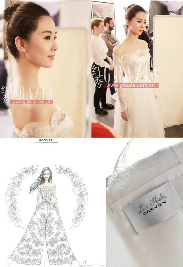 Carven Luu Thi Thi's wedding dress was designed specifically for the bride, with the actress's name embroidered on the collar. The white satin dress decorated with pearls was made by 20 skilled craftsmen over 3 months with nearly 500 hours of re-finishing. The cost of the dress is estimated at 11 billion VND.