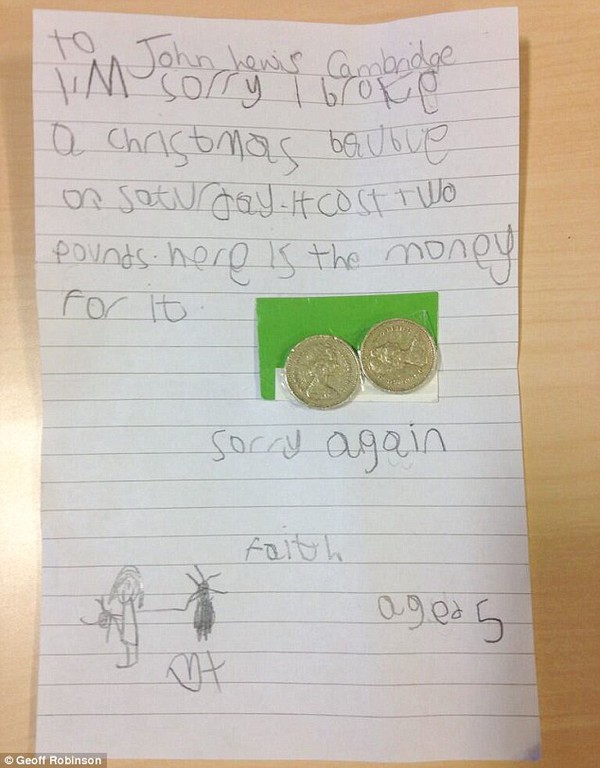 Quá đáng yêu với bức thư xin lỗi chủ cửa hàng của cô bé 5 tuổi  1