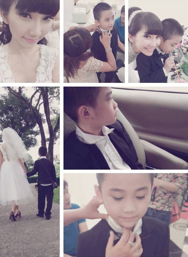 Kim Hiền khoe ảnh hậu trường mặc váy cưới bên con trai 1
