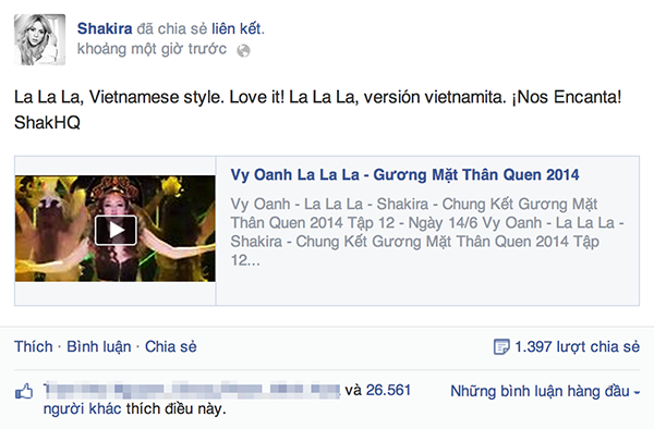 Shakira thích thú chia sẻ clip của Vy Oanh trên facebook 1
