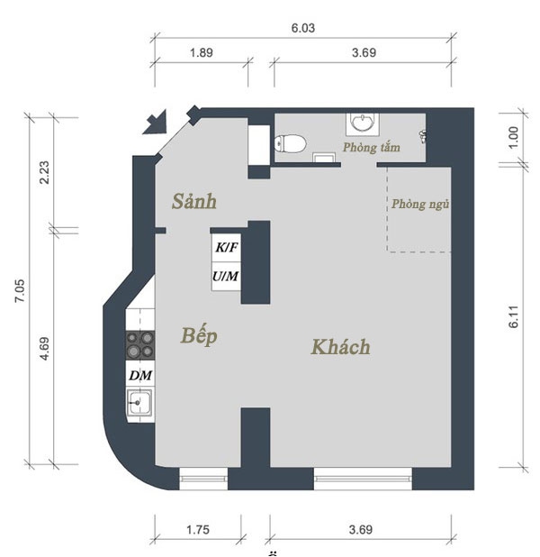 Căn hộ 44m&sup2; kh&ocirc;ng tường ngăn nhưng vẫn ri&ecirc;ng tư 1