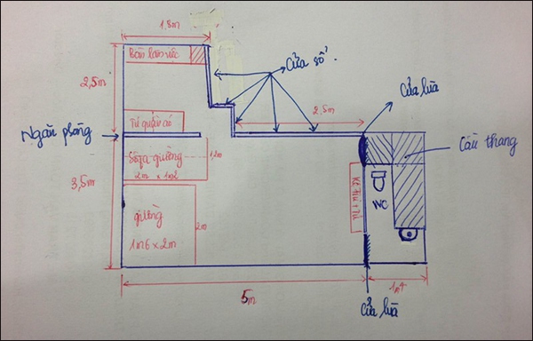 Tư vấn cải tạo phòng nhiều góc cạnh từ bản vẽ tay 1