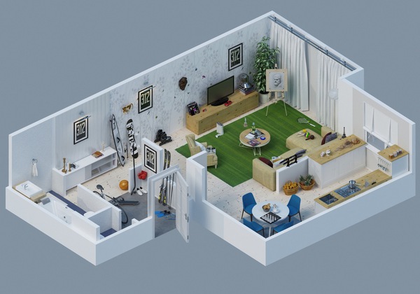 5 gợi ý bố trí căn hộ 1 phòng chi tiết bằng bản vẽ 3D 3