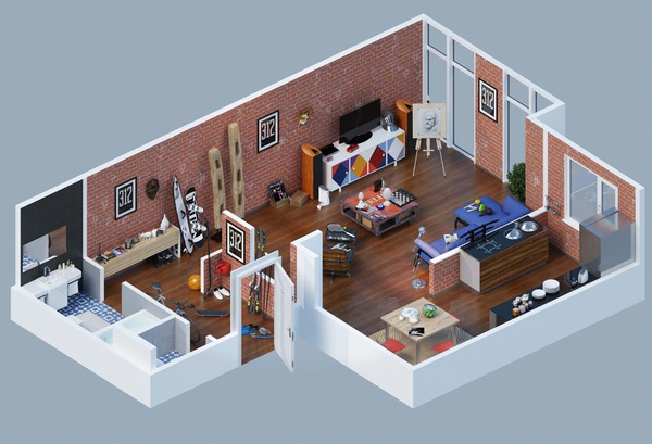 5 gợi ý bố trí căn hộ 1 phòng chi tiết bằng bản vẽ 3D 5