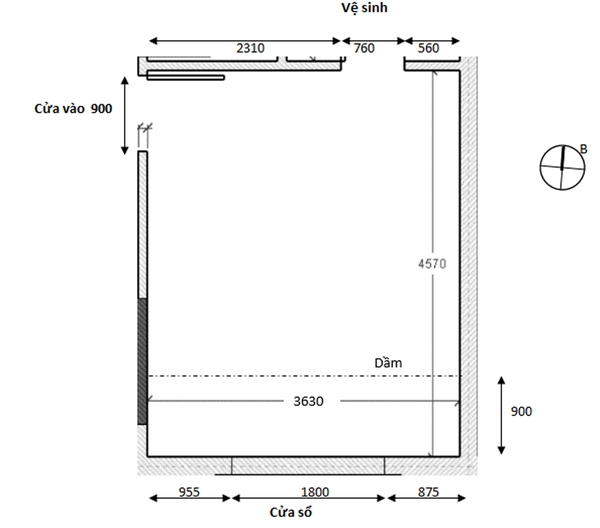 Tư vấn bố trí nội thất cho phòng ngủ 17m² vướng dầm nhà 1