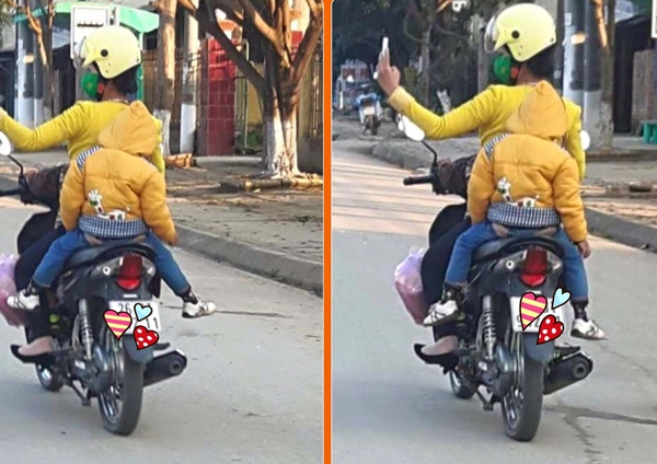 Thót tim cảnh bà mẹ chở hai con trên xe máy vẫn vô tư chụp ảnh tự sướng