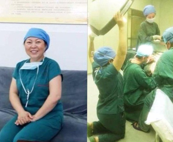 Nữ y tá quỳ xuống nâng cao đèn phẫu thuật để cứu bệnh nhân