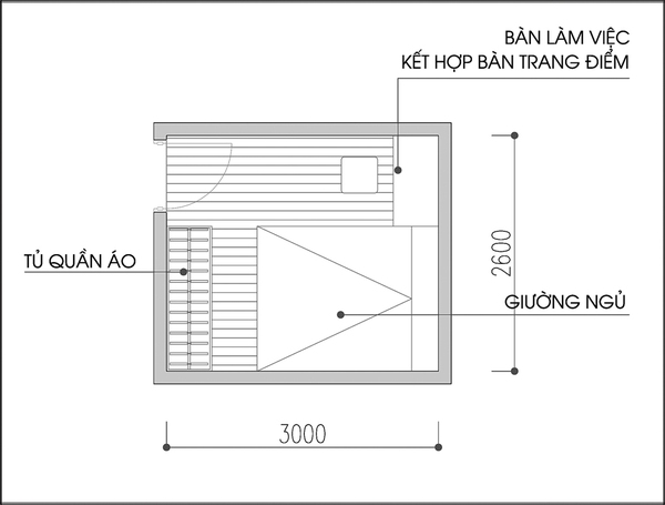 Bài trí nội thất phòng ngủ có diện tích 7,8m² cho vợ chồng trẻ 1