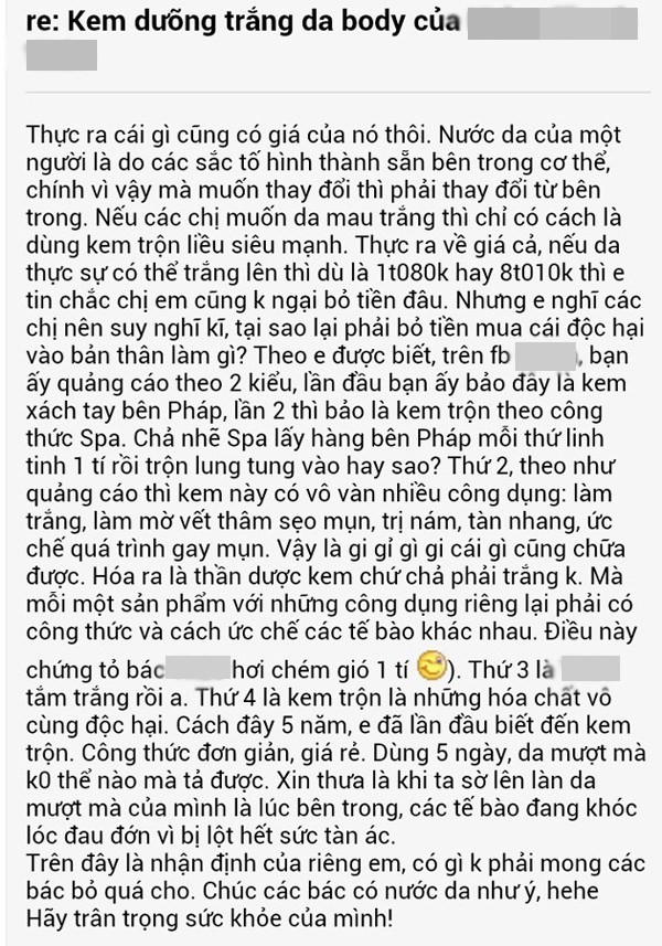 Khách hàng nổi mụn chi chít vì dùng kem làm trắng 