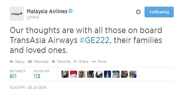 Malaysia Airlines gửi lời nhắn động viên TransAsia Airways sau vụ máy bay rơi ở Đài Loan 1