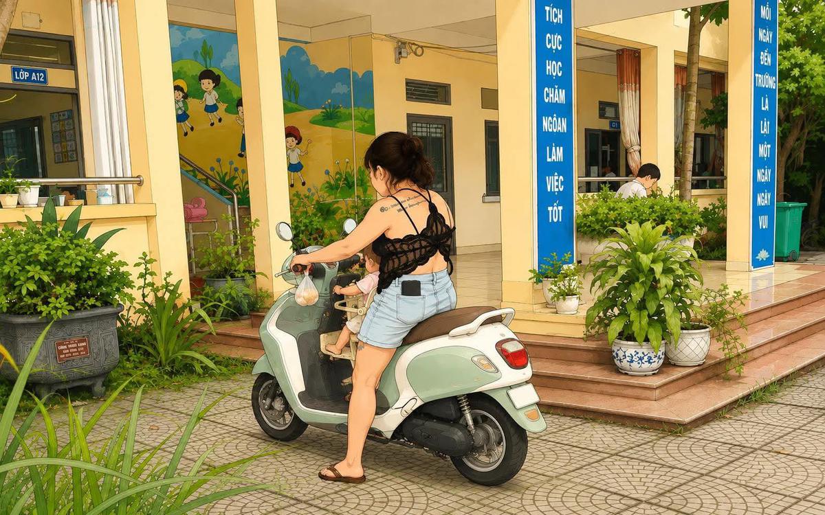 Bức ảnh người mẹ mặc áo hở lưng, quần ngắn đi đón con khiến hội phụ ...
