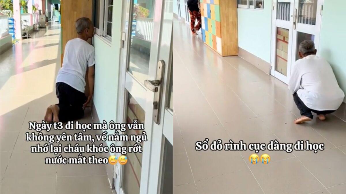 Xúc động clip 'cục vàng' đi mẫu giáo đã 3 ngày, ông vẫn dán mắt vào cửa lớp