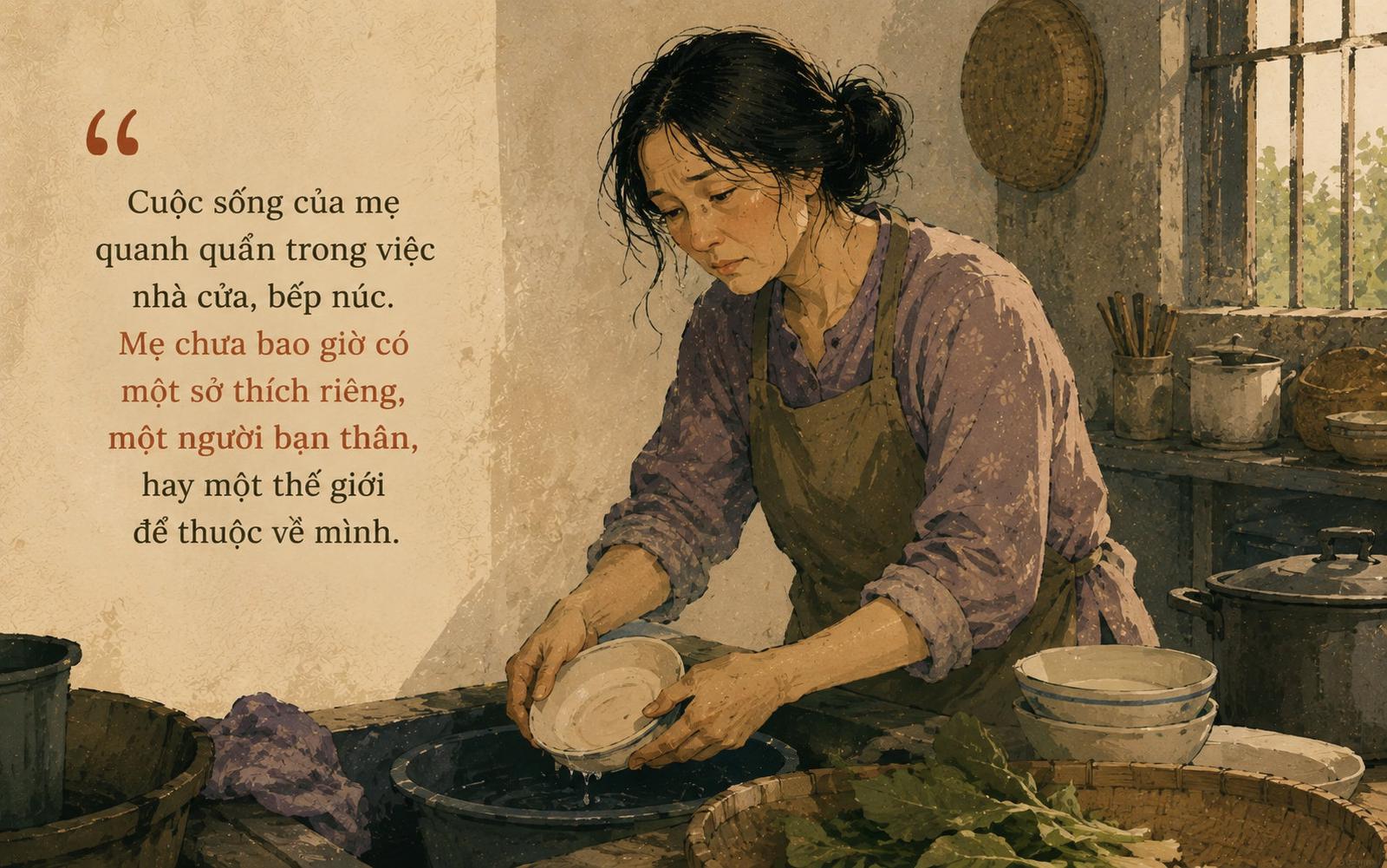 Người mẹ rửa bát bên chậu nước trong gian bếp cũ, minh hoạ cho cuộc sống quanh quẩn với việc nhà