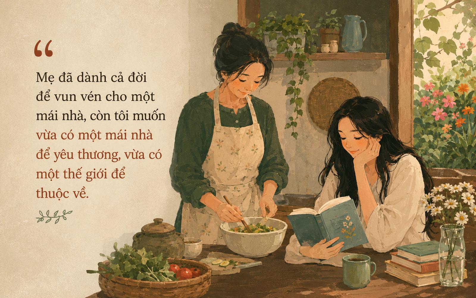 Người mẹ nấu ăn bên cạnh con gái đang đọc sách trong gian bếp ngập nắng