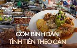 Hàng cơm trưa cân thức ăn để tính tiền ở khu văn phòng Hà Nội