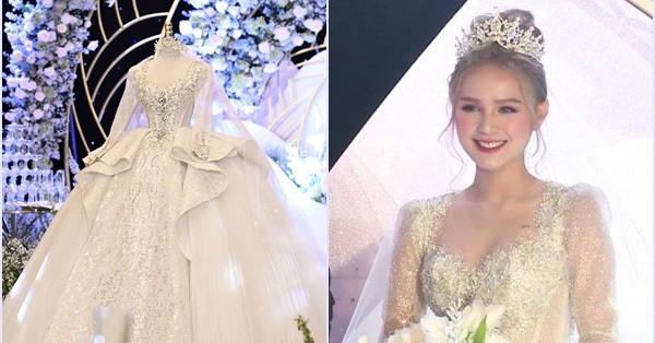 Cận cảnh chiếc váy lộng lẫy hơn 20 tỷ đồng của cô dâu 18 tuổi vợ streamer Xemesis: Đính 6 viên kim cương khổng lồ, thiết kế phong cách hoàng gia, chân váy 3 người khiêng