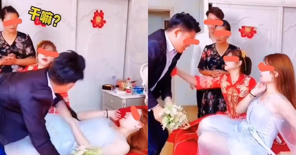 The groom ran into the wedding room to meet the bride, do an act with the bridesmaids