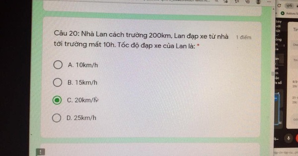 “Lan is 200km from school, it takes 10 hours to go to school by bike”