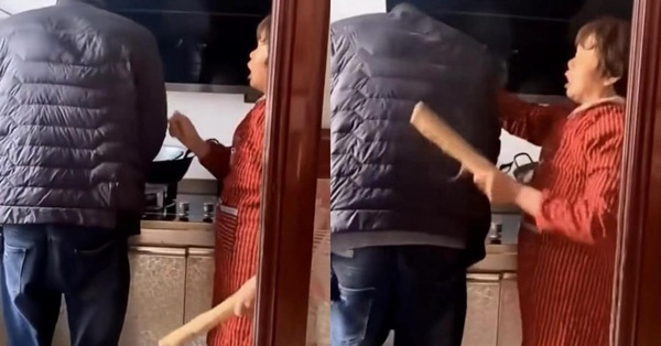 The young couple closed the door and argued loudly in the room, the mother-in-law beat her son to protect the daughter-in-law