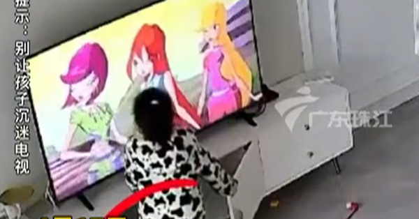 Heart-stopping scene of a little girl being knocked over by a large TV and very skillfully handled