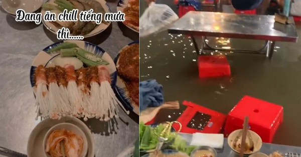 The girl’s experience of going out to eat grilled food is extremely unstable on a rainy day in Saigon, “staff swim in foam boxes, guests eat but still can’t stay still”