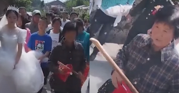 Grandmother holds a “weapon” as a bodyguard to lead the procession of her grandchildren’s bride