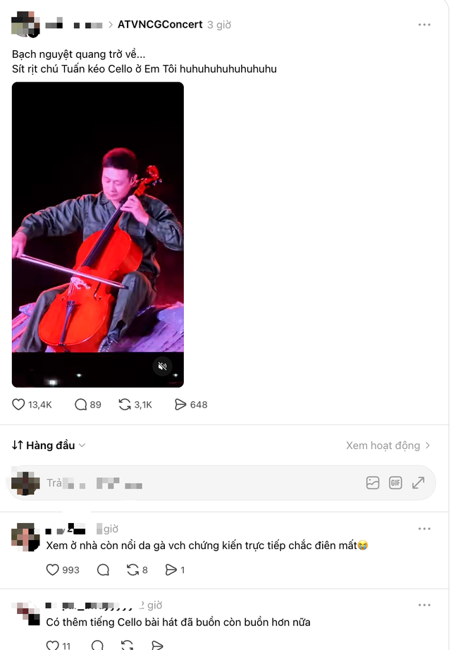 MC Anh Tuấn kéo cello trong concert ATVNCG, khán giả khóc ròng xuýt xoa: “Xem ở nhà còn nổi da gà, xem trực tiếp chắc điên mất" - Ảnh 1.