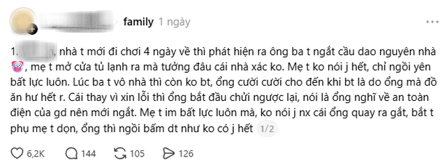 Nóng trên Thread: Bố tự ý ngắt cầu dao, tủ lạnh bốc mùi nồng nặc nhưng lại quát tháo và bắt vợ con dọn, còn mình ngồi bấm điện thoại - Ảnh 1.