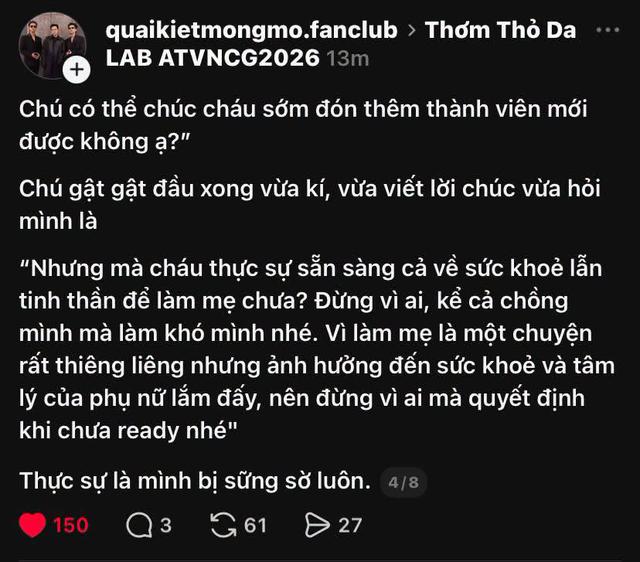Thơm (Da LAB) gây sốt với lời nhắn dành cho fan mong có con:
