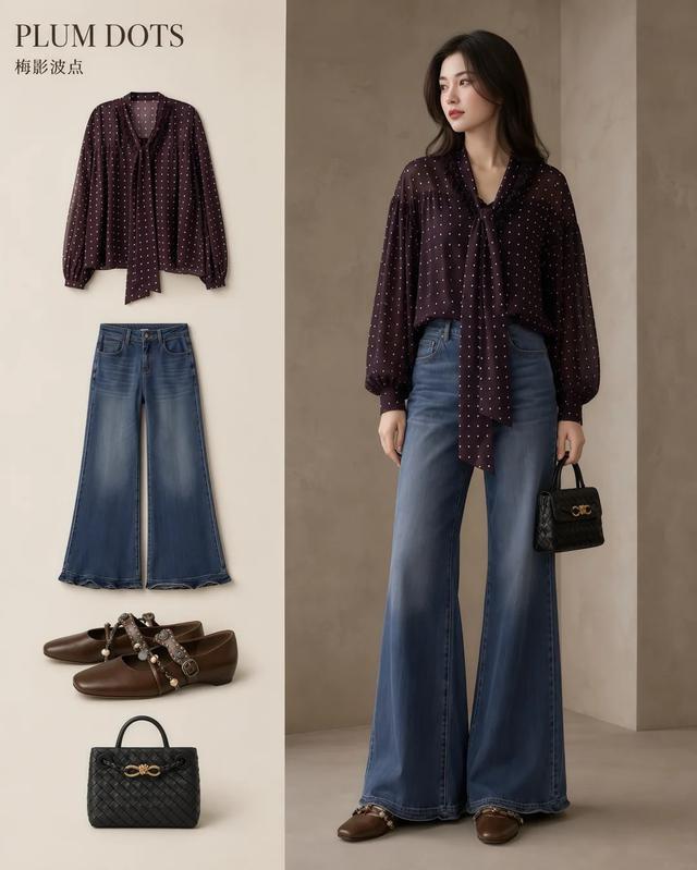 Áo chấm bi nâu và quần jeans ống loe: Công thức old money đầy hoài niệm cho mùa thu - Ảnh 1.