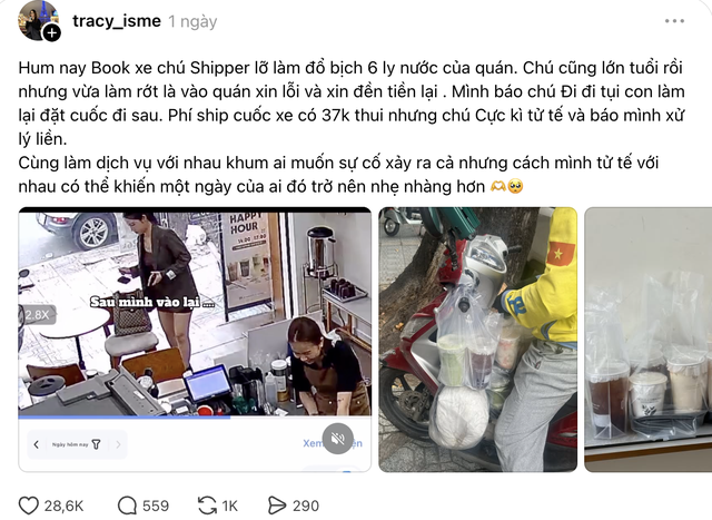 Shipper lớn tuổi làm đổ 6 ly nước và cách xử lý tình huống ấm lòng từ chủ quán - Ảnh 1. Shipper lớn tuổi làm đổ 6 ly nước và cách xử lý tình huống ấm lòng từ chủ quán - Ảnh 1.