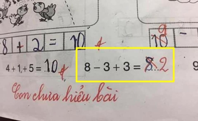 Bài toán "8-3 3=?": Học sinh đến phụ huynh đều khẳng định đáp án là 8, nhưng cô giáo gạch sai và đưa ra con số ai cũng ngơ ngác - Ảnh 1. Bài toán "8-3 3=?": Học sinh đến phụ huynh đều khẳng định đáp án là 8, nhưng cô giáo gạch sai và đưa ra con số ai cũng ngơ ngác - Ảnh 1.