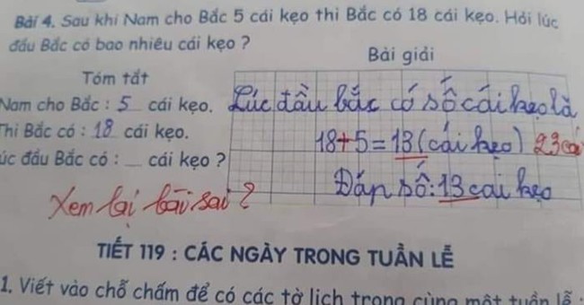 Thêm một bài toán tiểu học gây &quot;lú lẫn&quot;: Học trò tính số kẹo lúc đầu 13, giáo viên lại cho rằng đáp án đúng phải là 23, hội phụ huynh thì tranh cãi dữ dội - Ảnh 1.