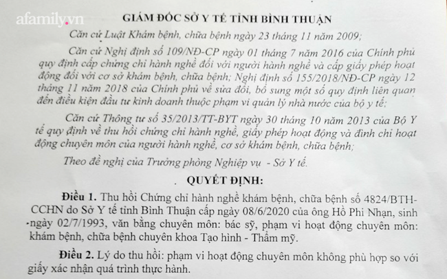Bác sĩ Hồ Phi Nhạn bị Sở Y tế Bình Thuận tước chứng chỉ hành nghề thẩm mỹ cấp sai quy định - Ảnh 1.