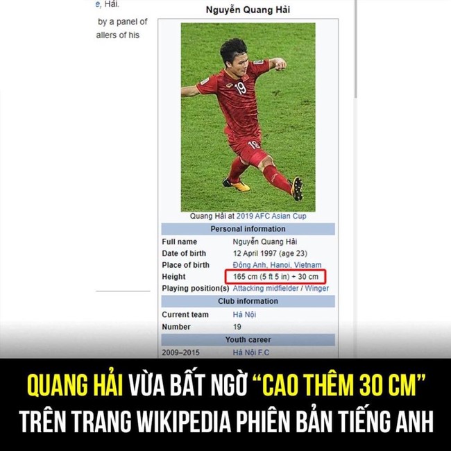 Huỳnh Anh vừa vướng scandal bị tố là &quot;tuesday&quot;, Quang Hải bất ngờ cao thêm 30cm trên trang Wikipedia  - Ảnh 2.