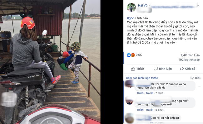 Hình ảnh gây phẫn nộ: Mẹ trẻ mải xem điện thoại, vô tâm khi 2 con nhỏ đang chơi bên lan can đò đầy nguy hiểm - Ảnh 1. Hình ảnh gây phẫn nộ: Mẹ trẻ mải xem điện thoại, vô tâm khi 2 con nhỏ đang chơi bên lan can đò đầy nguy hiểm - Ảnh 1.